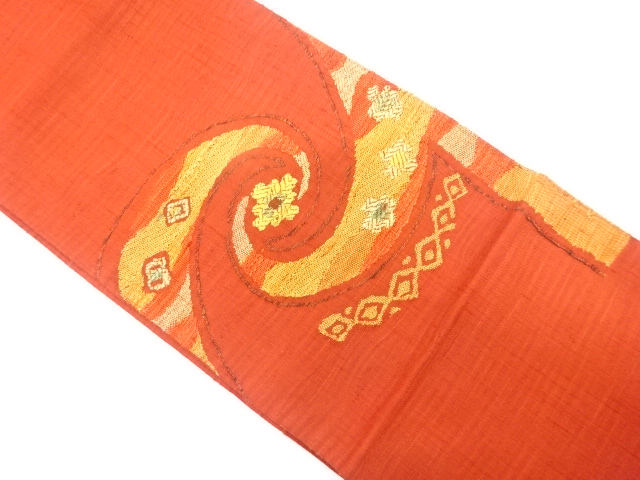 手織り紬　花に渦巻模様織り出し　名古屋帯